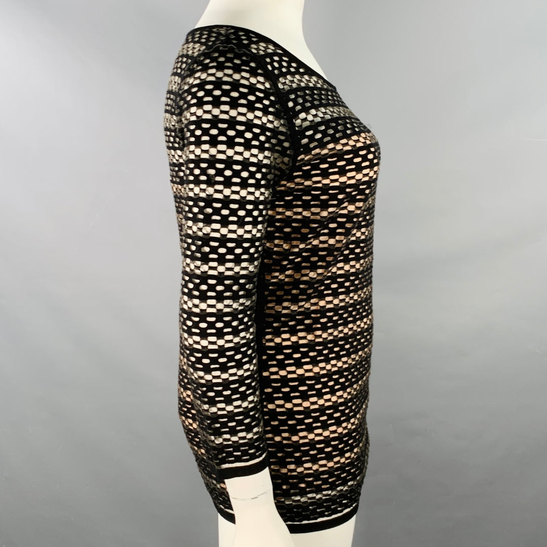 ESCADA Size L Black Nude Viscose Blend Textured Stripe 3/4 Sleeves Scoop Neck Casual Top