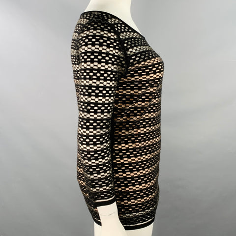 ESCADA Taille L Noir Nude Mélange Viscose Rayures Texturées Manches 3/4 Col Rond Top Décontracté