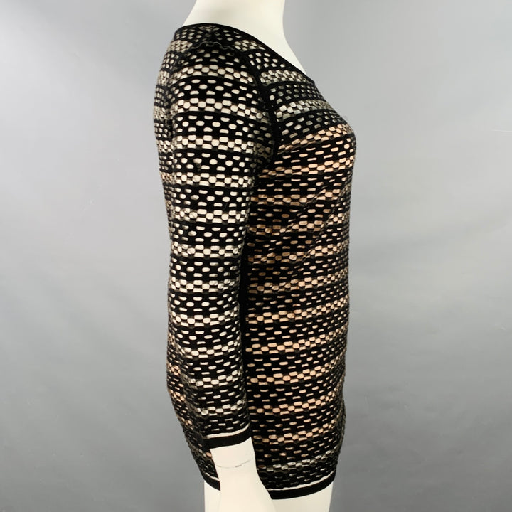 ESCADA Size L Black Nude Viscose Blend Textured Stripe 3/4 Sleeves Scoop Neck Casual Top