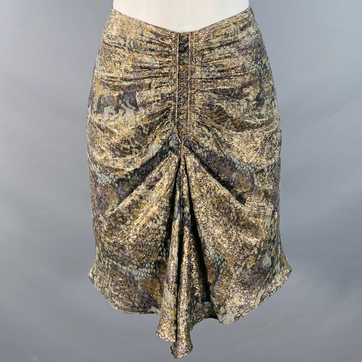 ISABEL MARANT Size S Metallic Gold Grey Silk Blend Snake Print Ruched Fishtail Skirt