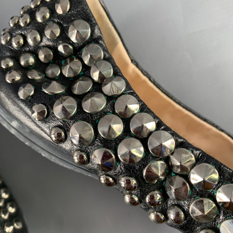 PRADA Size 7.5 Black Silver Leather Studded Slip On Loafers Flats