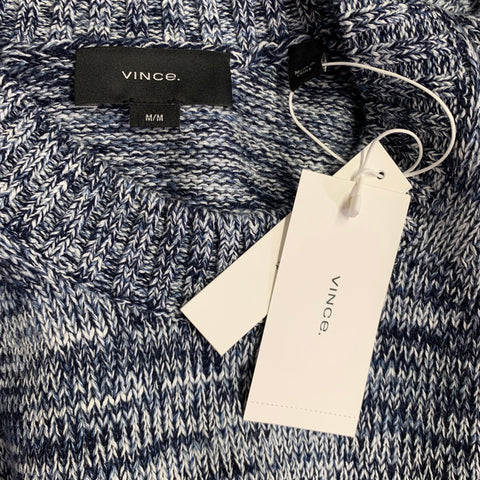 VINCE Size M Navy White Knit Linen Cotton Merino Wool Crew Neck Sweater