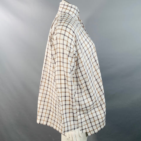 ESKANDAR Size L White Brown Cotton Grid Oversized Hidden Buttons Shirt
