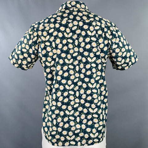 RILEY Size L Navy White Floral Cotton Spread Collar Short Sleeve Shirt