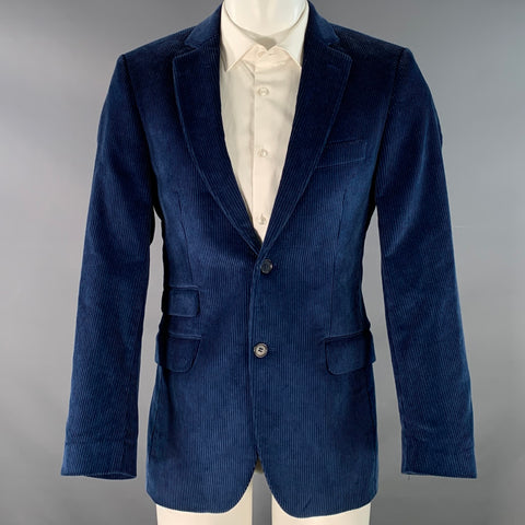 LEONARD JAY Size 38 Regular Blue Corduroy Cotton Notch Lapel Sport Coat