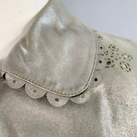 EMILIO PUCCI Size 10 Silver Perforated Leather Peter Pan Collar Single Button Jacket Blazer