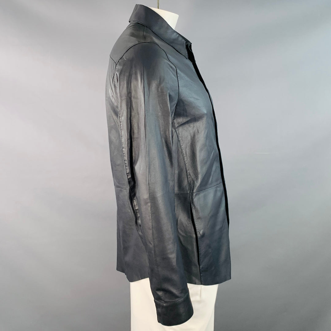 GIORGIO ARMANI Size 42 Navy Lambskin Leather Hidden Snaps Shirt Jacket
