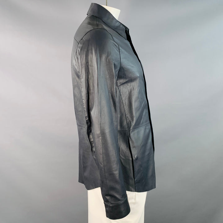 GIORGIO ARMANI Size 42 Navy Lambskin Leather Hidden Snaps Shirt Jacket