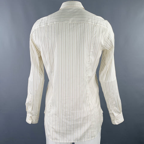 DRIES VAN NOTEN Size 42 Cream Brown Stripe Silk Cotton Long Sleeve Shirt