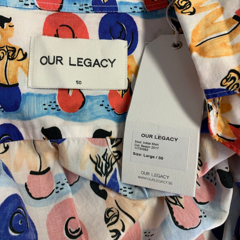 OUR LEGACY Size 40 Blue Red Figures Beach Cotton Long Sleeve Shirt