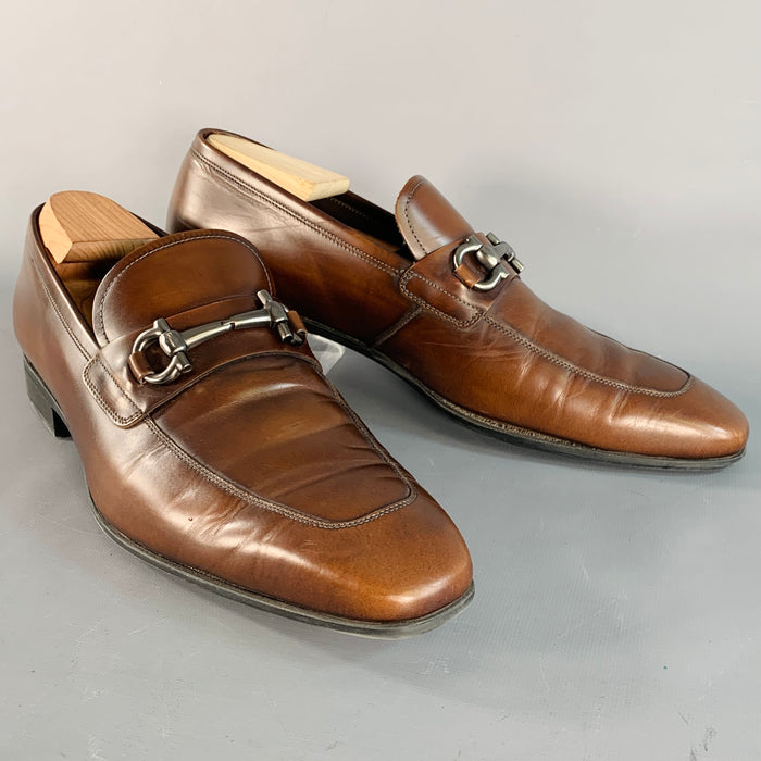 SALVATORE FERRAGAMO Size 10.5 Giant Brown Silver Leather Horsebit Loafers