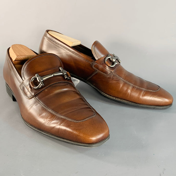 SALVATORE FERRAGAMO Size 10.5 Giant Brown Silver Leather Horsebit Loafers