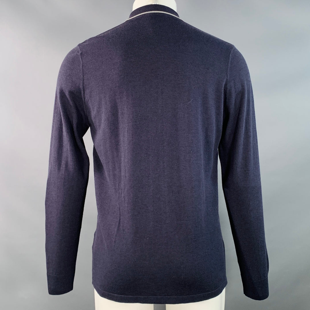 LANVIN Size M Navy Grey Pink Stripe Merino Wool Cotton Knit Long Sleeve Shirt