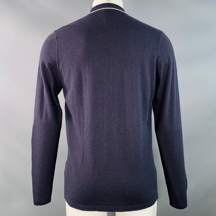 LANVIN Size M Navy Grey Pink Stripe Merino Wool Cotton Knit Long Sleeve Shirt