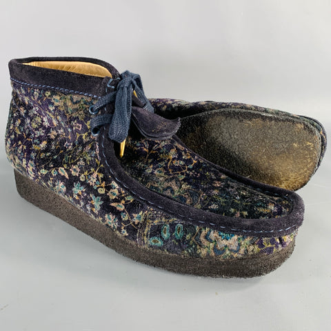 CLARKS Taille 10.5 Bottines Mocassins Velours Fleuri Bleu Marine Beige