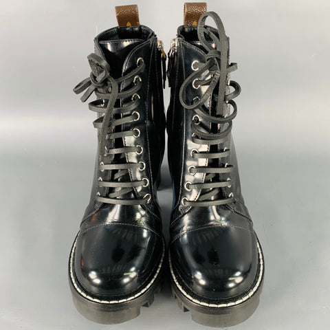 LOUIS VUITTON Size 7.5 Black Patent Leather Tread Sole Lace-Up Boots