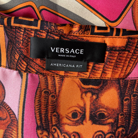 VERSACE SS2023 Size L Pink Orange Heads Silk Sleeveless Short Sleeve Shirt