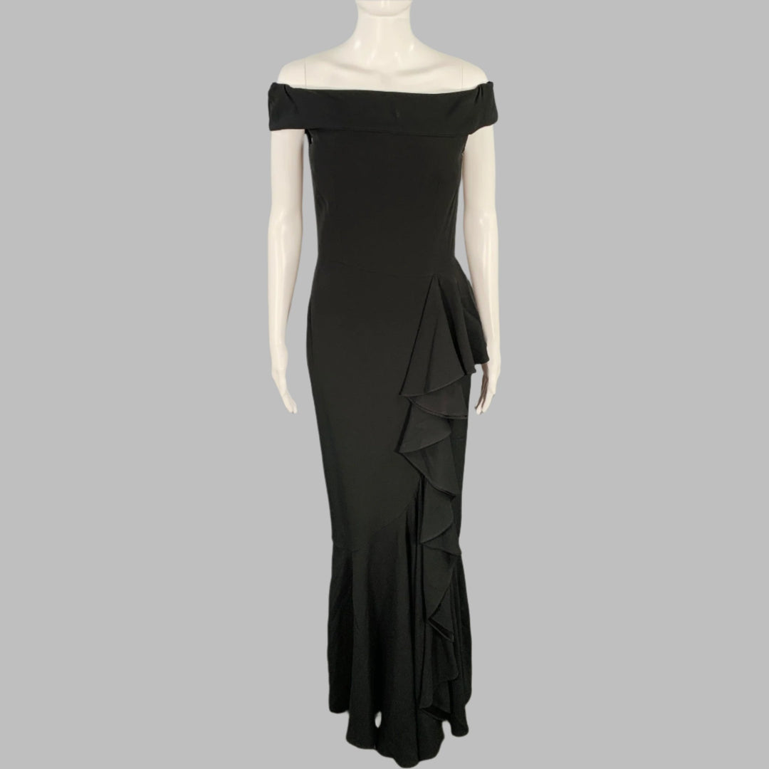 ALEXANDER MCQUEEN Size 4 Black Viscose Blend Ruffled Off Shoulder Even Sui Generis Designer Consignment ALEXANDER MCQUEEN Size 4 Black Viscose Blend Ruffled Off Shoulder Even Sui Generis Designer Consignment