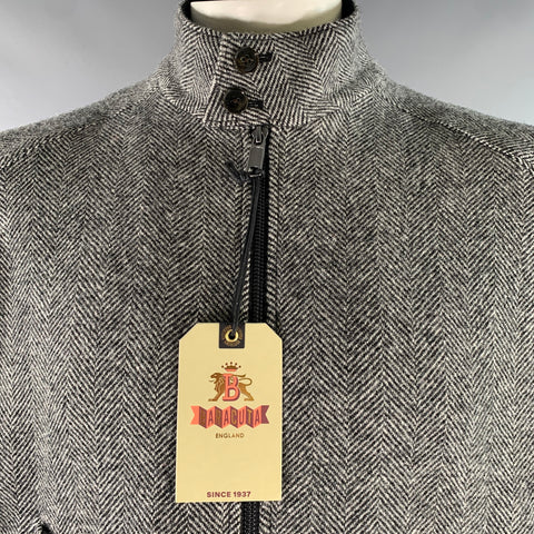 BARACUTA Size 42 Black Grey Herringbone Wool Harrington Jacket