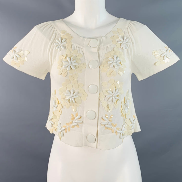 NANETTE LEPORE Size XS Cream White Cotton Blend Beaded Floral Cropped Cardigan