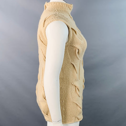 TSE Size L Beige Cashmere Cable Knit Sleeveless Mock Neck Sweater