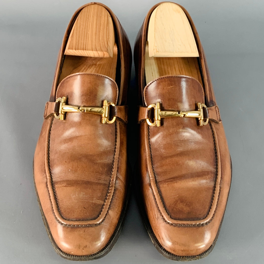 SALVATORE FERRAGAMO Size 7 Brown Gold Leather Horsebit Loafers