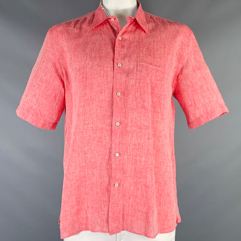 PETER MILLAR Size L Heather Red Linen One Pocket Short Sleeve Shirt
