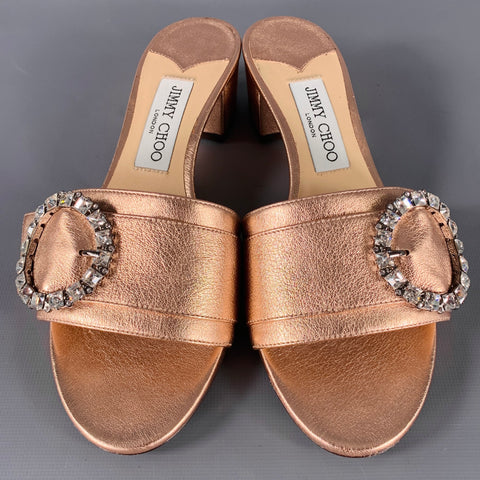 JIMMY CHOO Size 8.5 Gold Rose Leather Slip On Sandals