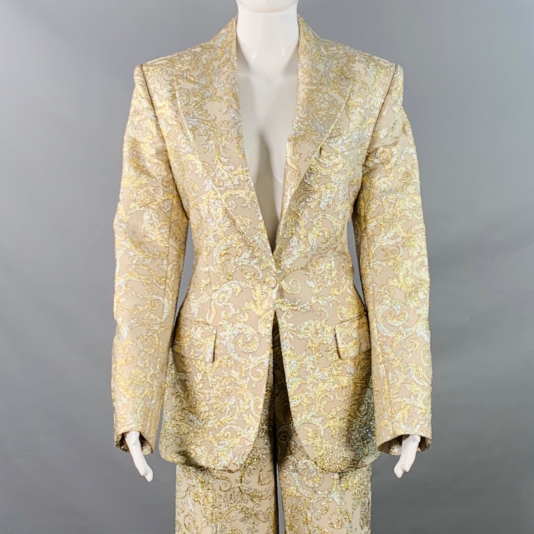 STELLA McCARTNEY Size 2 Metallic Gold Silver Polyamide Blend Jacquard Peak Lapel Pantsuit