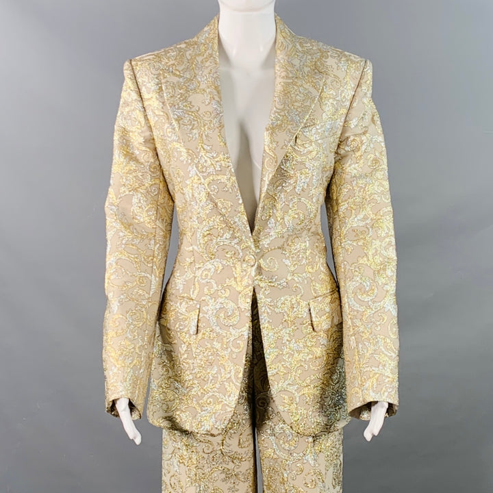 STELLA McCARTNEY Size 2 Metallic Gold Silver Polyamide Blend Jacquard Peak Lapel Pantsuit