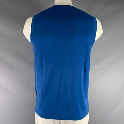 PRADA Size 44 Blue White Knitted Wool V-Neck Vest