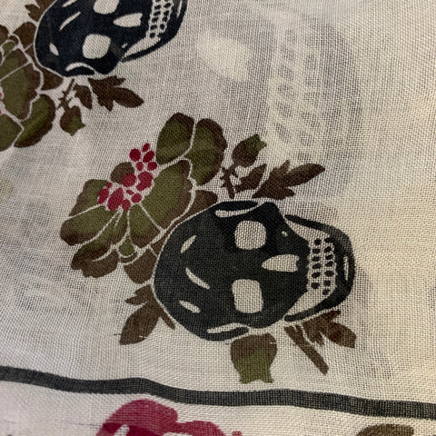 ALEXANDER MCQUEEN White Green Skull Floral Fringe Square Scarf