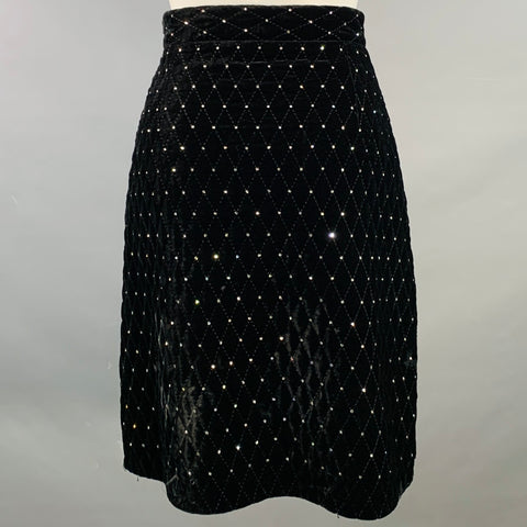 GUCCI Size 6 Black Silver Velvet Crystal Quilted Side Zipper Knee Length Skirt