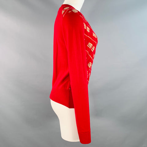 MARNI Size 4 Red Beige Wool Textured Crew Neck Pullover