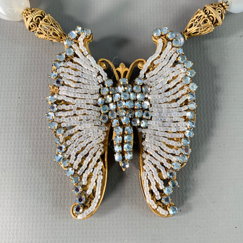 MIRIAM HASKELL Vintage Blue Gold Butterfly Beads Pendant Necklace