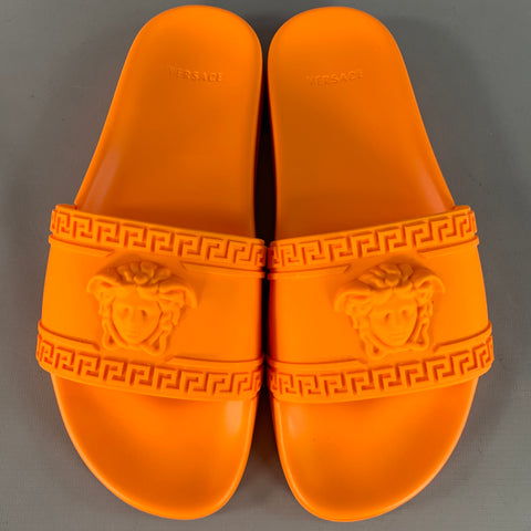 VERSACE Size 9.5 Orange Medusa Acetate Slip On Slide Sandals
