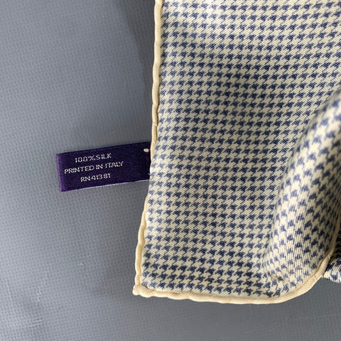 RALPH LAUREN Blue Cream Houndstooth Silk Pocket Square