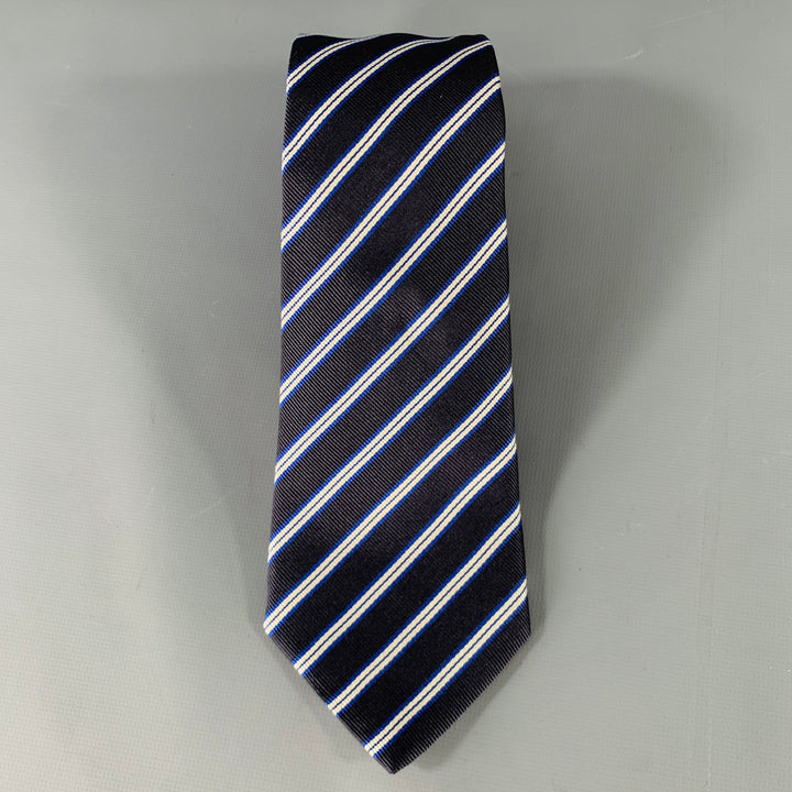 VALENTINO Navy White Diagonal Stripe Silk Twill Tie