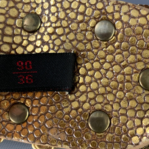 NANNI Waist Size 36 Gold Crackled Leather Trim Metallic Metal Belt