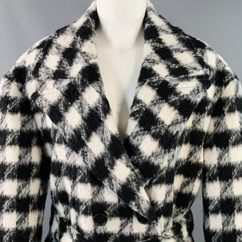ALLSAINTS Size 8 Black White Wool Blend Checkered Double Breasted Belted Coat