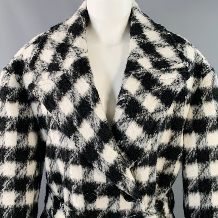 ALLSAINTS Size 8 Black White Wool Blend Checkered Double Breasted Belted Coat