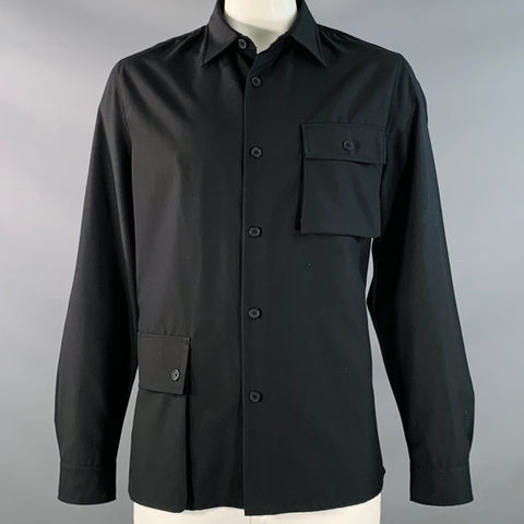 Chemise Vintage en sergé de mélange de polyester noir, taille L, deux poches, manches longues