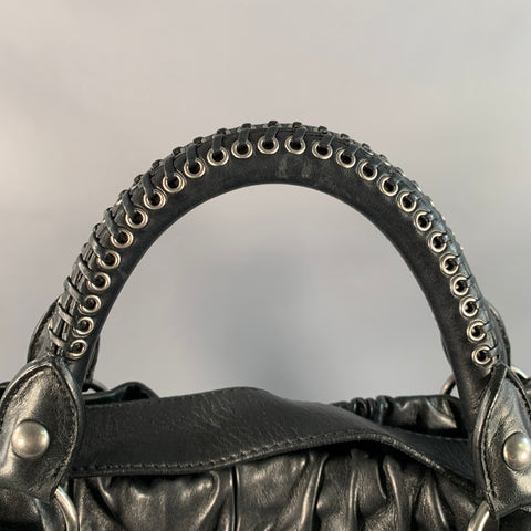 MIU MIU Black Perforated Leather Grommets Top Handles Handbag