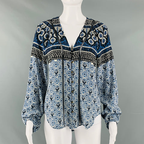 VERONICA BEARD Size 0 Blue Black & White Silk Print Metal Buttons Blouse