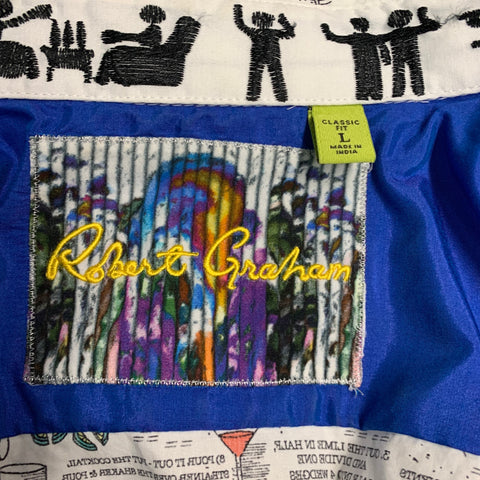 ROBERT GRAHAM Size L Black White Cocktail Recipe Print Short Sleeve Shirt