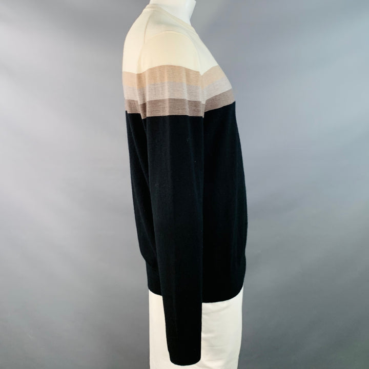 MR TURK Size XL Cream Tan Brown Stripe Merino Wool Crew Neck Pullover