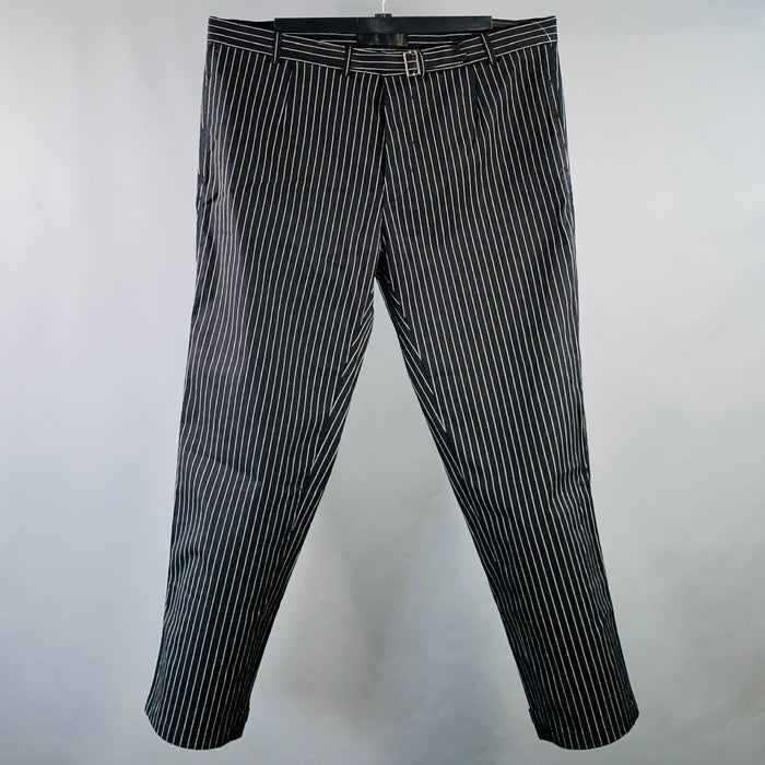 HAIDER ACKERMANN Taille XL Pantalon décontracté ceinturé en mélange de coton rayé noir et blanc