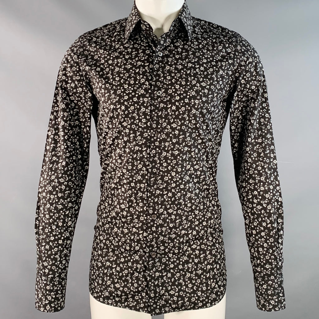 TOM FORD Size S Black White Floral Cotton Long Sleeve Shirt