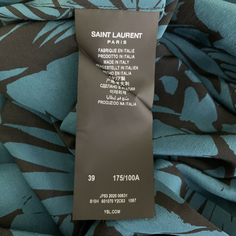 SAINT LAURENT Size S Turquoise Black Abstract Floral Silk Short Sleeve Shirt