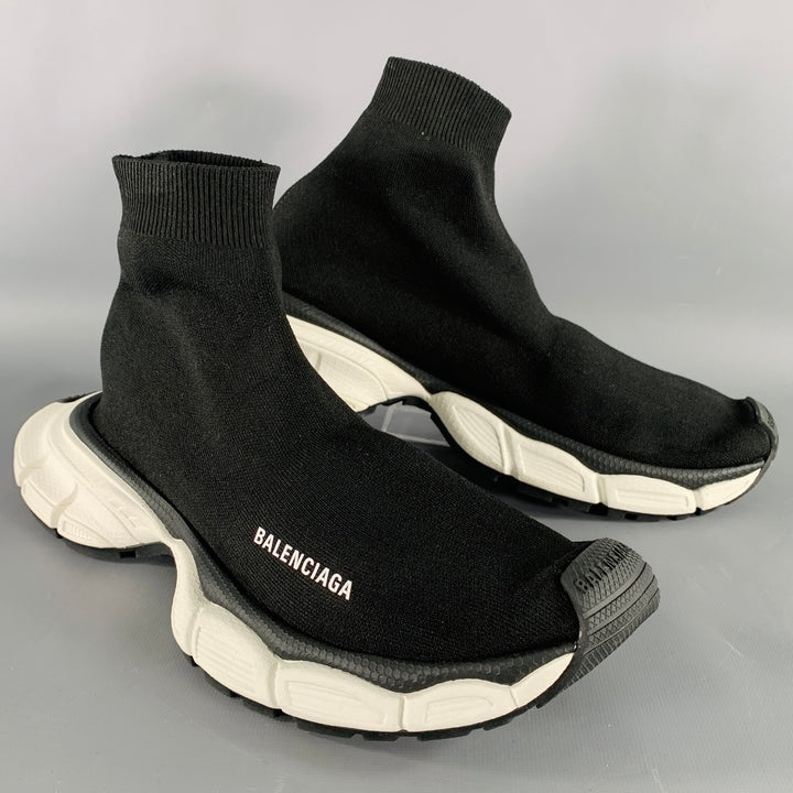 BALENCIAGA Size 8 Speed Stretch Knit Black White Logo Nylon Sock Sneakers